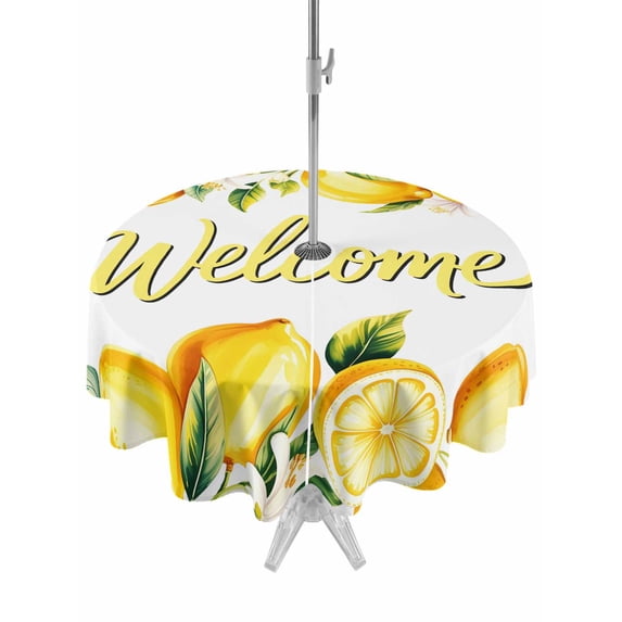 Yellow Lemons Outdoor Tablecloth - 60 Inch Round Dining Table Cover, Summer Fruits Leaves Pastoral Botanical Waterproof Outdoor Table Cloth with Umbrella Hole & Zipper for Picnic/Patio/Party