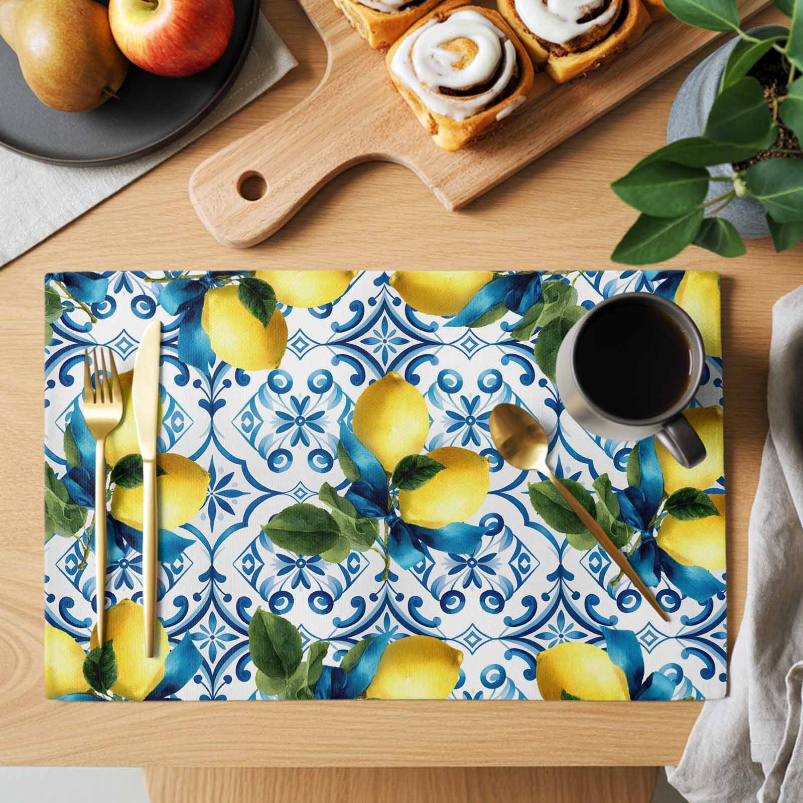 Yellow Lemons Placemats Set of 12, Watercolor Blue White Blue Mosaic Tiles Bohemian Style Heat Insulated Linen Place Mats, Washable Stain-Proof Table Mats for Dining Tables Holiday Decor 13x19 Inches