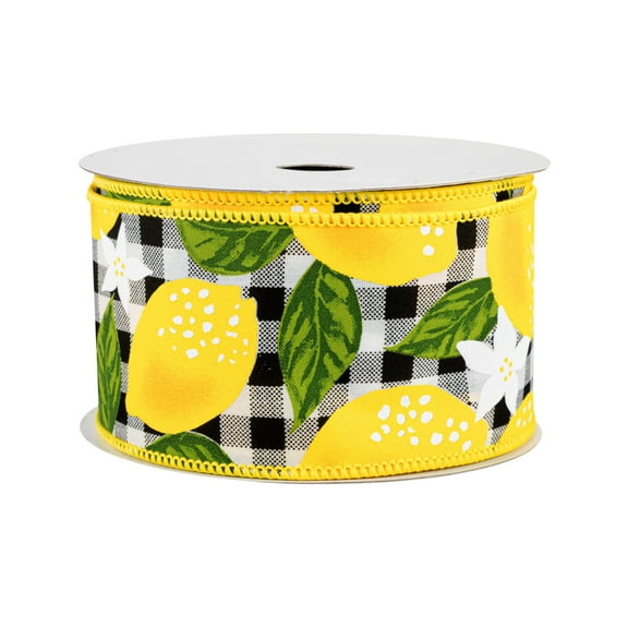 Yellow Lemons Plaid Wired Ribbon - 2 1/2" x 10 Yards, Black Checks, Easter, Spring Decor, Christmas, Wreath, Mardi Gras