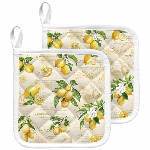 Yellow Lemons Pot Holders for Kitchen Heatproof Potholder, 2 Pack Summer Botanical Fruit Leaves Country Hot Pads Multipurpose Oven Pads Cloth Potholders Trivet for Cooking and Baking