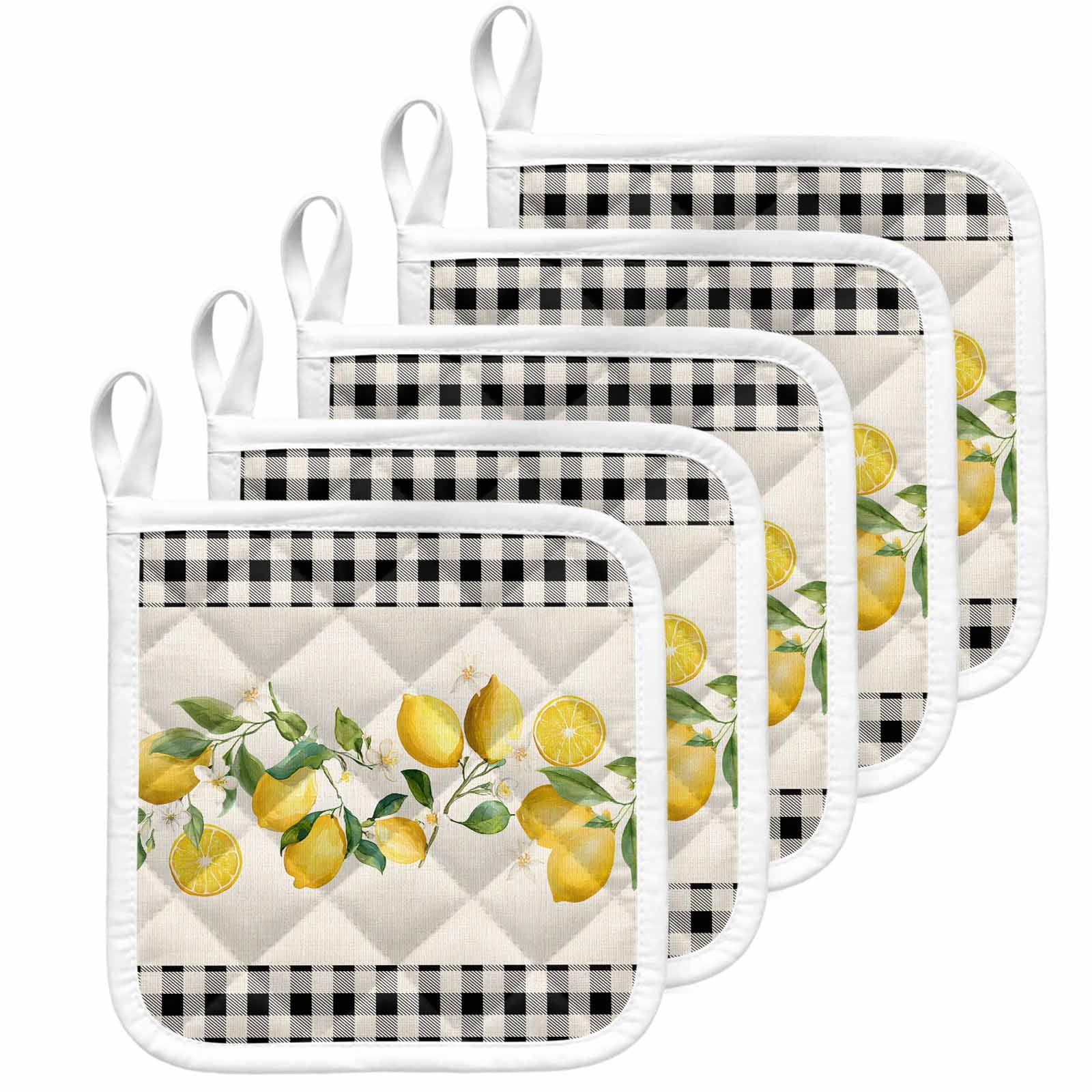 Yellow Lemons Pot Holders for Kitchen Heatproof Potholder, 5 Pack Summer Watercolor Fruits Plaid Hot Pads Multipurpose Oven Pads Cloth Potholders Trivet for Cooking Baking
