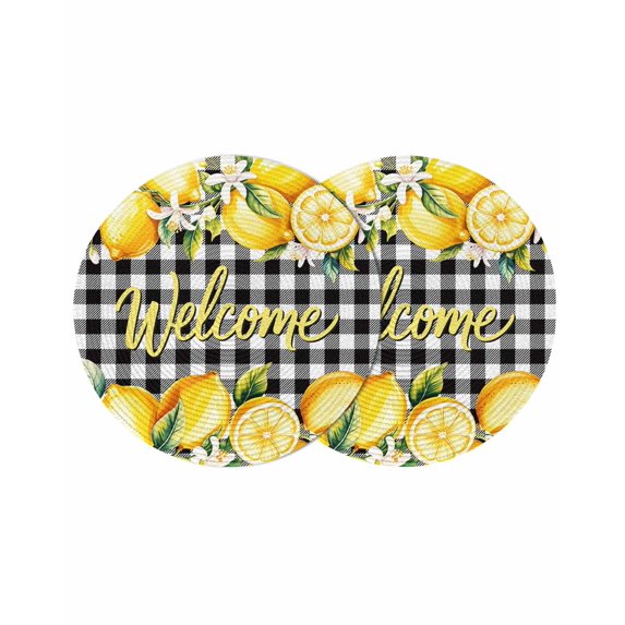 Yellow Lemons Round 13 Inch Placemats Set of 2, Summer Fruits Leaves Botanical Buffalo Plaid HeatResistant Non Slip Place Mats for Dining Table, Wipeable Braided Kitchen Table Mats for Housewarming
