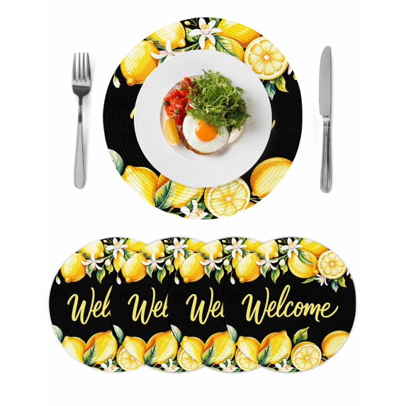 Yellow Lemons Round 13 Inch Placemats Set of 4, Summer Fruits Leaves Botanical Black HeatResistant Non Slip Place Mats for Dining Table, Wipeable Braided Kitchen Table Mats for Housewarming