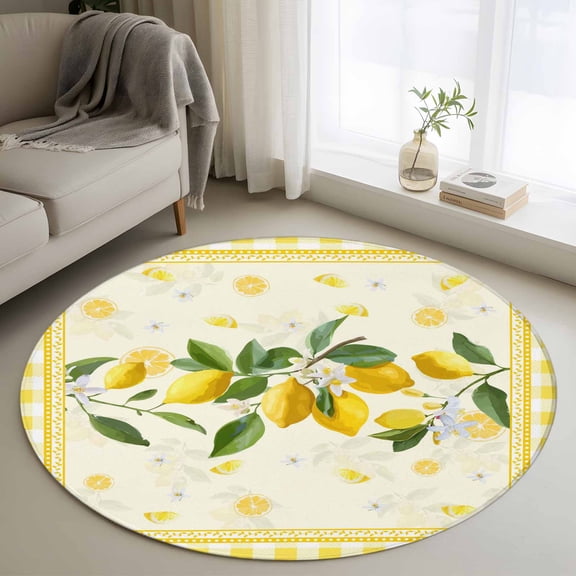 Yellow Lemons Round Rug 3ft Washable Circle Entryway Rugs Non Slip Summer Botanical Checkered Farmhouse Area Rug Indoor Floor Carpet for Bedroom Kitchen Living Room Home Office Dining Room Nursery