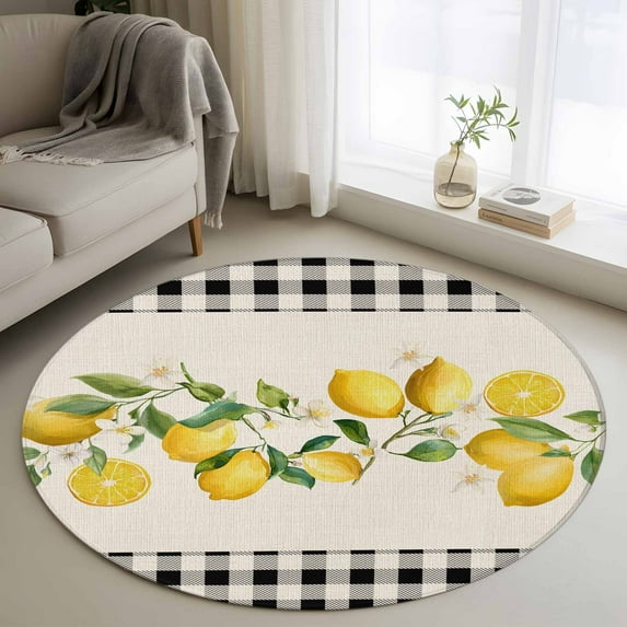 Yellow Lemons Round Rug 3ft Washable Circle Entryway Rugs Non Slip Summer Watercolor Fruits Plaid Area Rug Indoor Floor Carpet for Bedroom Kitchen Living Room Home Office Dining Room Nursery
