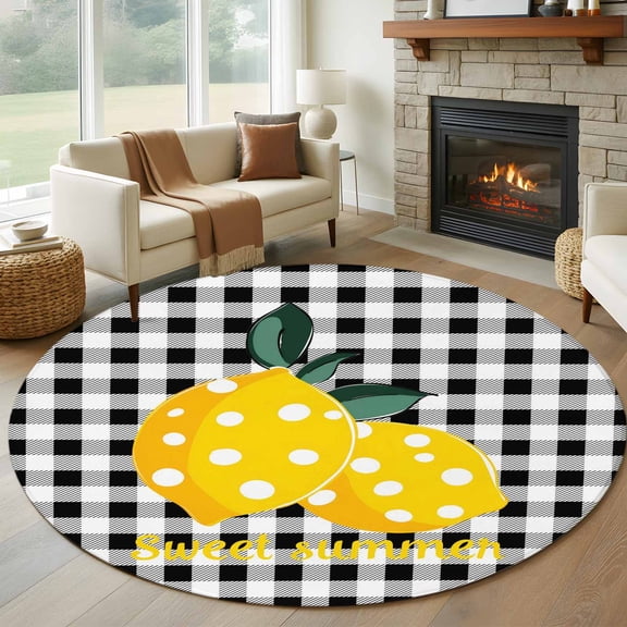 Yellow Lemons Round Rug 5ft Washable Circle Kitchen Rugs Non Slip Summer Botanical Black White Plaid Farmhouse Large Area Rug Indoor Floor Carpet for Bedroom Living Room Home Office Dining Room