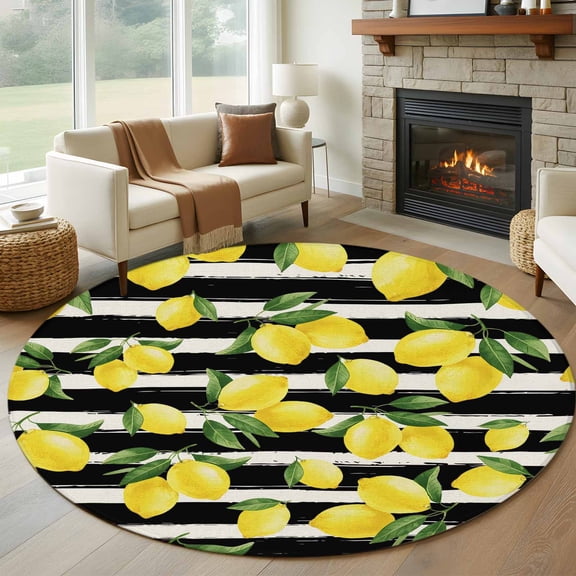 Yellow Lemons Round Rug 6ft Washable Circle Kitchen Rugs Non Slip Summer Citrus Fruits Leaves Black Stripes Large Area Rug Indoor Floor Carpet for Bedroom Living Room Home Office Dining Room Nursery