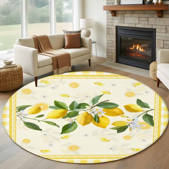 Yellow Lemons Round Rug 8ft Washable Circle Rugs Non Slip Summer Botanical Checkered Farmhouse Large Area Rug Indoor Floor Carpet for Bedroom Kitchen Living Room Home Office Dining Room Nursery