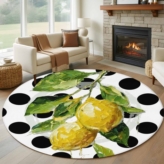 Yellow Lemons Round Rugs for Living Room 7ft Hand-painted Style Lemon Classic Black Polka Dots Non Slip Circle Rug Washable Low-Profile Indoor Carpet for Bedroom, Dining Room, Bathroom