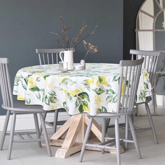 Yellow Lemons Round Tablecloth - 60 Inch Waterproof Spring and Summer Table Cloth Vinyl Wipe Clean Table Cover for Dining Table, Birthday Dinner, Kitchen, Themed Party Table Decor