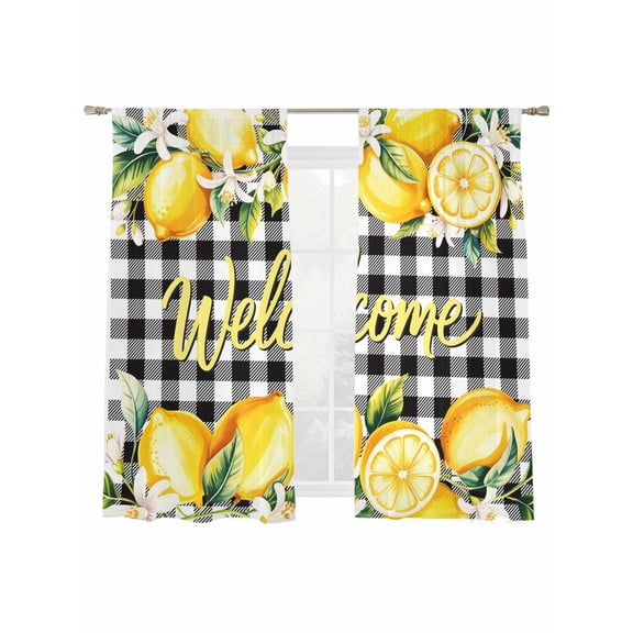 Yellow Lemons Sheer Curtains 2 Panels Set Welcome White Flowers Leaf Fruits Black Plaid Sheer Window Curtains Light Filtering Rod Pocket Voile Drapes for Bedroom Living Room 52"x63"