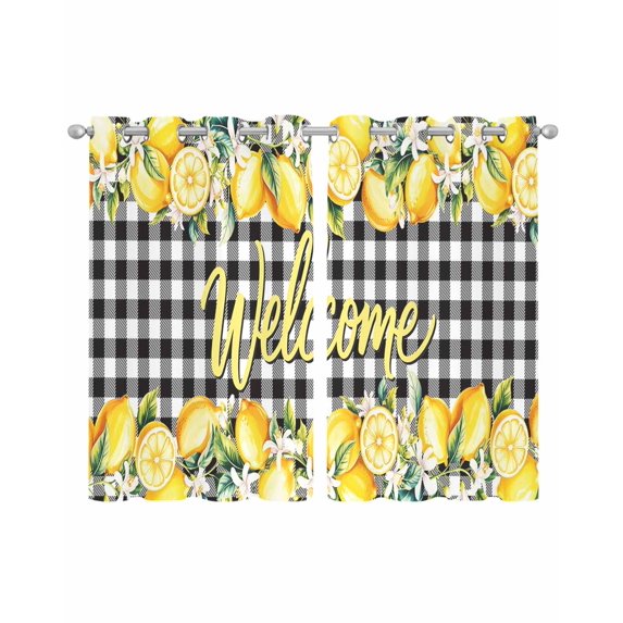 Yellow Lemons Sheer Curtains 39 Inch Length 2 Panels Set for Living Room/Bedroom, Summer Fruits Leaves Botanical Buffalo Plaid Kitchen Curtains Grommet Curtains Window Treatments 27.5"x39"x2