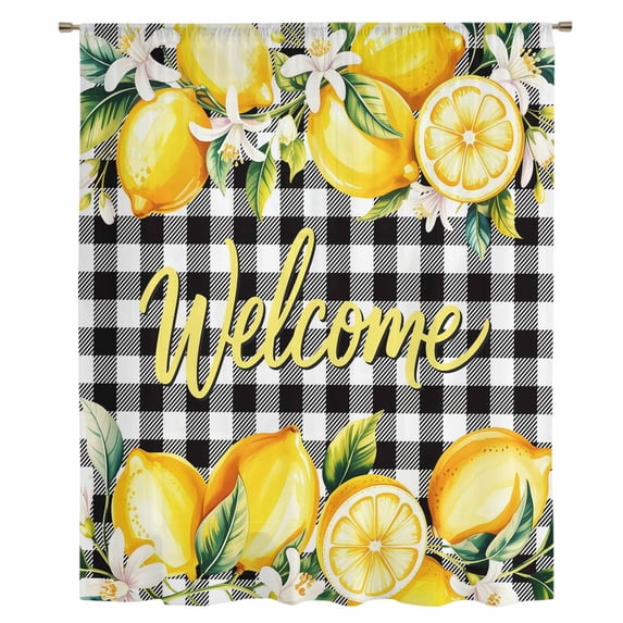 Yellow Lemons Sheer Curtains 54 Inches Long, Summer Fruits Leaves Botanical Buffalo Plaid Light Filering Curtains, Breathable Simi Curtain Privacy Drapes for Kitchen Bathroom Small Window Treatment