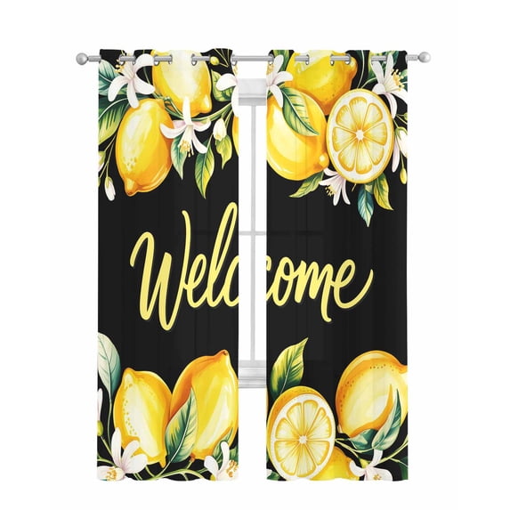 Yellow Lemons Sheer Curtains 63 Inch Length 2 Panels Set for Living Room/Bedroom, Summer Fruits Leaves Botanical Black Kitchen Curtains Grommet Semi-Sheer Curtains Drapes Window Treatments 42"x63"x2