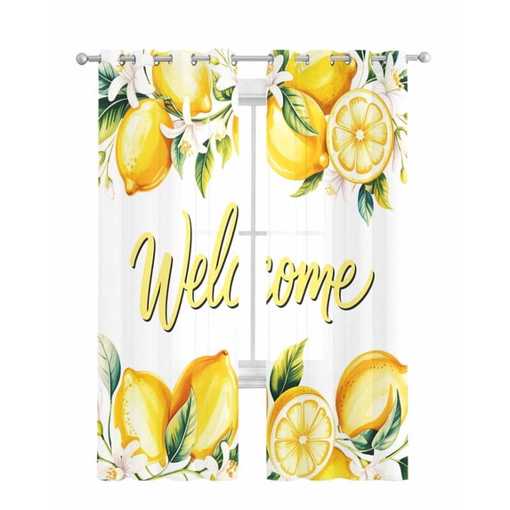 Yellow Lemons Sheer Curtains 84 Inch Length 2 Panels Set for Living Room/Bedroom, Summer Fruits Leaves Pastoral Botanical Kitchen Curtains Grommet Semi-Sheer Curtains Window Treatments 52"x84"x2