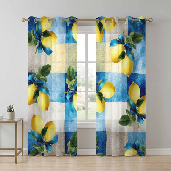Yellow Lemons Sheer Curtains 84 Inch Long 2 Panels, Watercolor Blue White Gingham Checkered Background Light Filtering Semi Sheer Drapes Grommet Voile Window Curtain for Living Bedroom W42 x L84