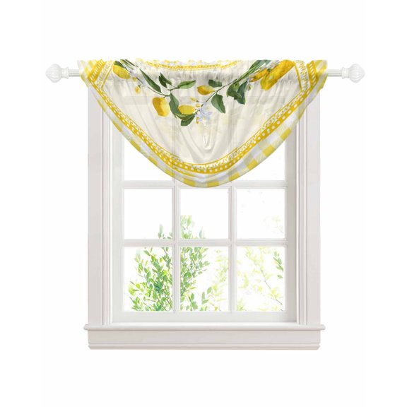Yellow Lemons Sheer Waterfall Valance Curtains for Window, Summer Botanical Checkered Farmhouse Rod Pocket Sheer Topper Swag Curtains for Living Room, Kitchen 38.5"W x 47.2"L, 1 Panel