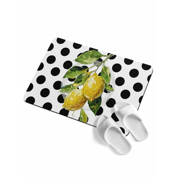 Yellow Lemons Soft Diatomaceous Earth Mat, Hand-painted Style Lemon Classic Black Polka Dots Absorbent Bath Mat Non Slip Rubber Backed Quick Dry Doormat Fit Under Door for Bathroom Kitchen 16"x24"