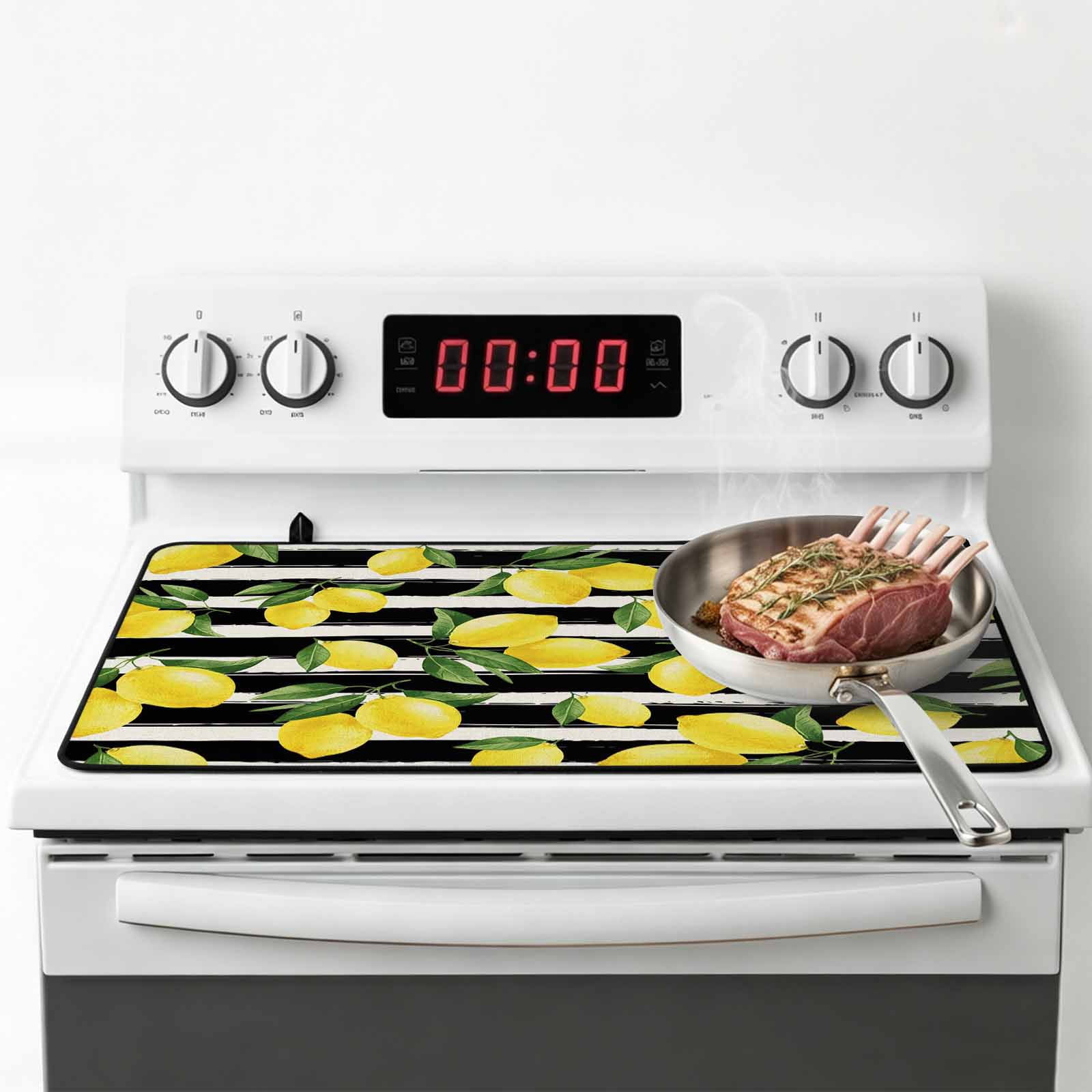 Yellow Lemons Stove Top Cover for Electric Stove, Heat-proof & Non Slip Glass Top Stove Cover Protector, Summer Citrus Fruits Leaves Black Stripes Kitchen Flat Cooktop Rubber Mat 24x21 Inches