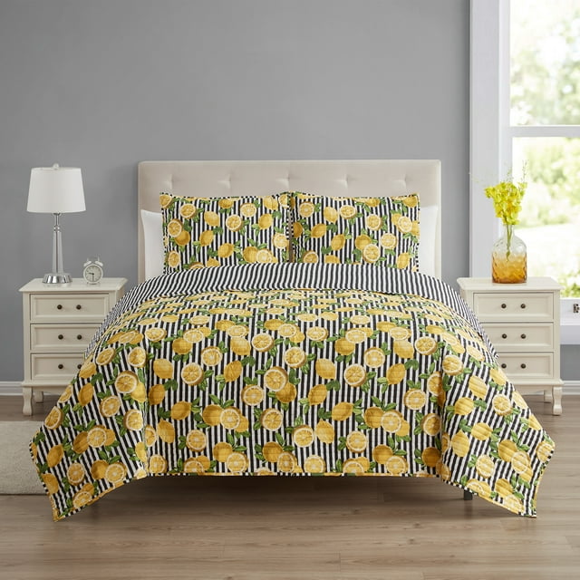 Yellow Lemons Stripe Reversible Quilt Set with Tote, Mainstays, King, 4
