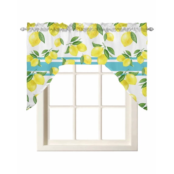 Yellow Lemons Swag Valances for Windows, Small Curtains Drapes, Summer Botanical Watercolor Kitchen Window Curtains Over Sink Rod Pocket Window Treatment Valance for Bedroom/Bathroom 56"x36"