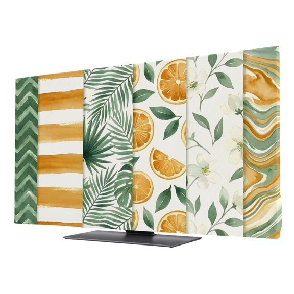 Yellow Lemons TV Cover for 24 Inch Screen,Stretch Fabric Dustproof TV Display Protector,Summer Botanical Green Leaves Fruits Striped Elastic Slipcover Monitor Cover for Indoor Computer 20.9"x11.8"