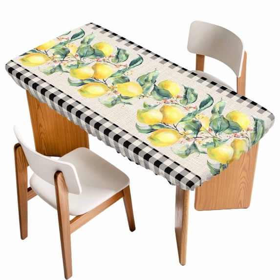 Yellow Lemons Table Cloths for 6 Foot Rectangle Tables, Summer Botanical Black White Plaid Rustic Patio Waterproof Elastic Fitted Tablecloths, Washable Rectangular Table Cover for Camping