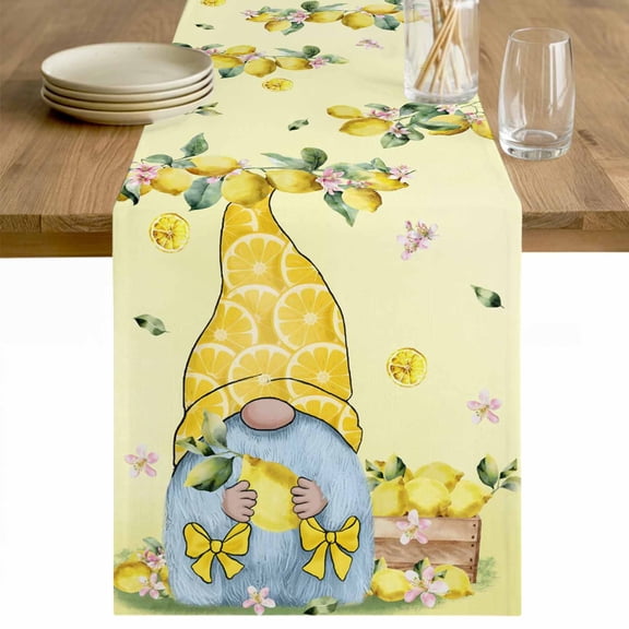 Yellow Lemons Table Runner - 36 Inch Long Cute Gnomes Summer Fruits Rustic Flowers Cotton and Linen Blended Dress Scarves Farmhouse Table Runner for Kitchen Dining, Coffee Table, 13" x 36"