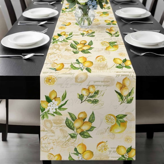 Yellow Lemons Table Runner 36 Inches Long, Summer Botanical Fruit Leaves Country Kitchen Coffee Dining Table Decoration for Home Party Birthday Wedding Home Decor 13x36 Inches