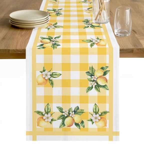 Yellow Lemons Table Runner 48 Inches Long Farmhouse Dress Scarves, Floral Wreath Leaves Buffalo Plaid Dining Tablerunner for Coffee Table/Kitchen Island/Party Décor, 13" x 48"