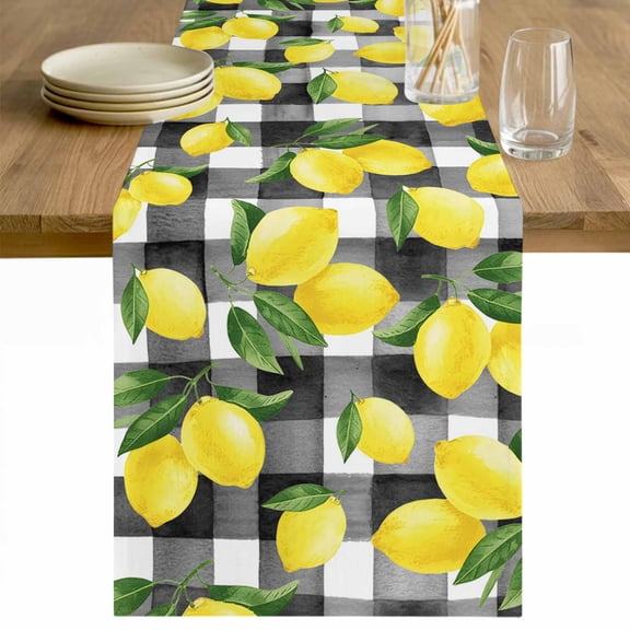 Yellow Lemons Table Runner 70 Inches Long Farmhouse Dress Scarves, Summer Fruits Leaves Black White Buffalo Plaid Dining Tablerunner for Coffee Table/Kitchen Island/Party Décor, 13" x 70"