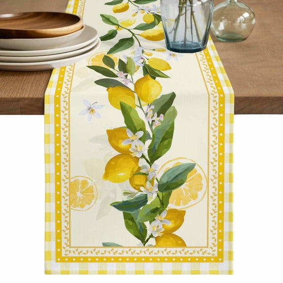 Yellow Lemons Table Runner, Summer Botanical Checkered Farmhouse Washable Cotton Linen Table Runners 72 Inches Long, Dresser Scarf Runner for Dining/Coffee/Kitchen/TV Stands/Cabinets 13''x72''