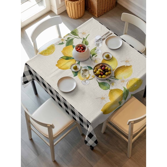 Yellow Lemons Tablecloth Square Table Cloth 54x54, Waterproof Outdoor Table Cloth Covers Decorative Table Protector, Summer Watercolor Fruits Plaid Washable Table Cover for Kitchen Dinning Party
