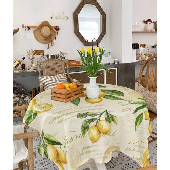 Yellow Lemons Tablecloth Square Table Cloth 60x60 , Waterproof Tablecloth Outdoor Table Cloth, Summer Botanical Fruit Leaves Country Washable Table Cover for Kitchen Dining Party