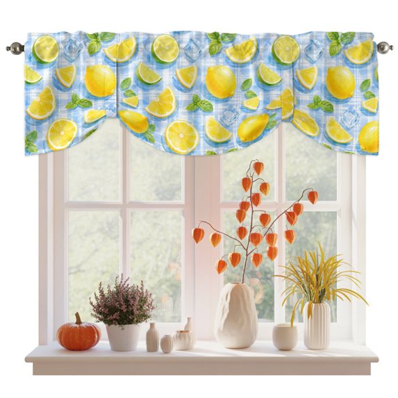 Yellow Lemons Tie Up Valance Curtains for Windows, Kitchen Curtains Window Treatments, Summer Botanical Farmhouse Art Short Window Shades Valances for Bedroom Bathroom Cafe 42"x18"