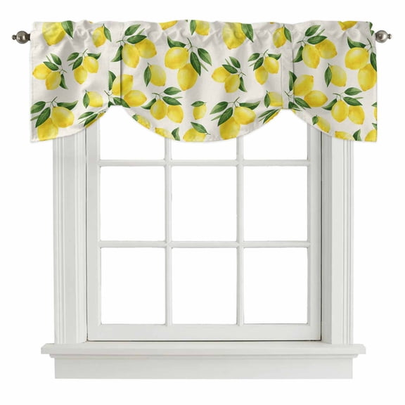 Yellow Lemons Tie Up Valance Curtains for Windows, Kitchen Curtains Window Treatments, Summer Citrus Fruits Leaves Country Vintage Short Window Shades Valances for Bedroom Bathroom Cafe 42"x12"