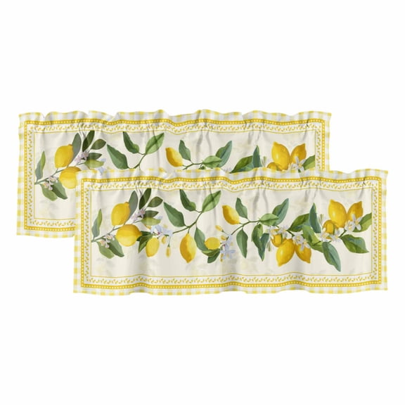Yellow Lemons Valances for Windows, Summer Botanical Checkered Farmhouse Light Filtering Kitchen Curtains, Rod Pocket Window Valance Curtains for Living Room Bedroom, 54" W x 18" L, 2 Panels