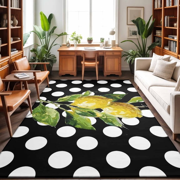 Yellow Lemons Washable Area Rug 4 x 6 ft Hand-painted Style Lemon Classic White Polka Dots, Soft Non Slip Rugs Stain Repellent Indoor Felt Carpet for Living Dining Room Bedroom Home Office