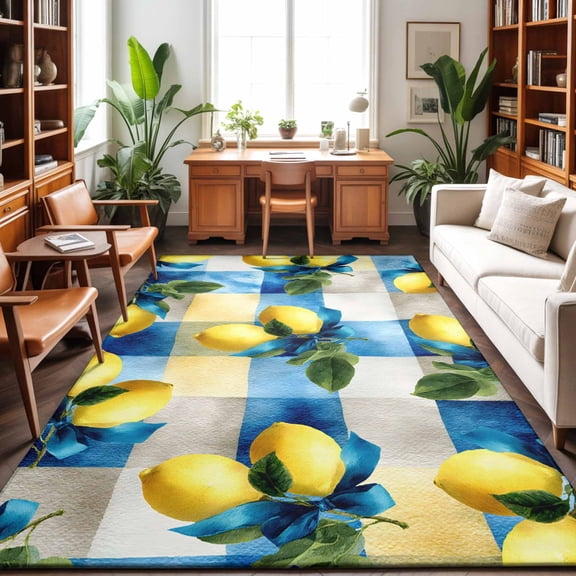 Yellow Lemons Washable Area Rug 9 x 12 ft Watercolor Blue White Gingham Checkered Background, Soft Non Slip Rugs Stain Repellent Indoor Felt Carpet for Living Dining Room Bedroom Home Office