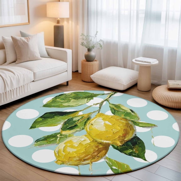 Yellow Lemons Washable Round Area Rug 3.3 ft, Hand-painted Style Lemon White Polka Dots Light Blue, Soft Non Slip Rugs Stain Repellent Indoor Felt Carpet for Living Dining Room Bedroom Home Office
