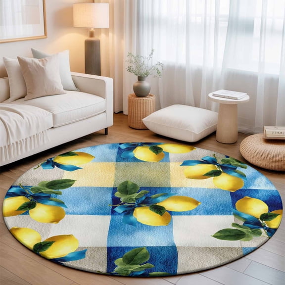 Yellow Lemons Washable Round Area Rug 3 ft, Watercolor Blue White Gingham Checkered Background, Soft Non Slip Rugs Stain Repellent Indoor Felt Carpet for Living Dining Room Bedroom Home Office
