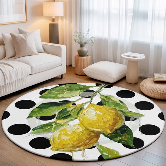 Yellow Lemons Washable Round Area Rug 8 ft, Hand-painted Style Lemon Classic Black Polka Dots, Soft Non Slip Rugs Stain Repellent Indoor Felt Carpet for Living Dining Room Bedroom Home Office