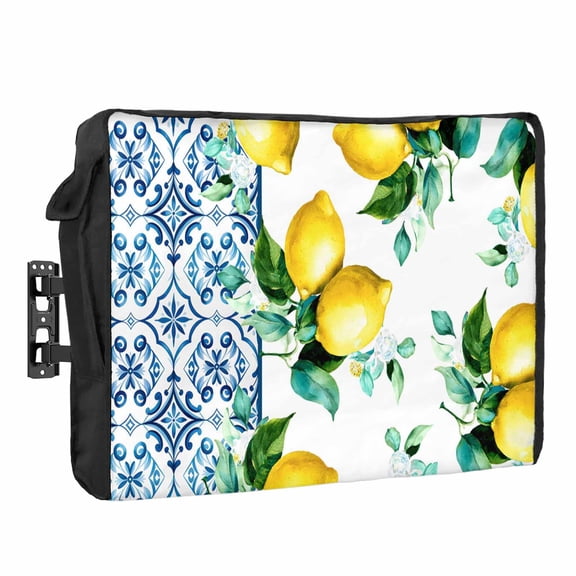 Yellow Lemons Waterproof Outdoor TV Cover, Watercolor Blue White Blue Mosaic Tiles Bohemian Outside Weatherproof TV Enclosures for 30 to 32 Inch LCD Television Shield Flat Screen Protectors