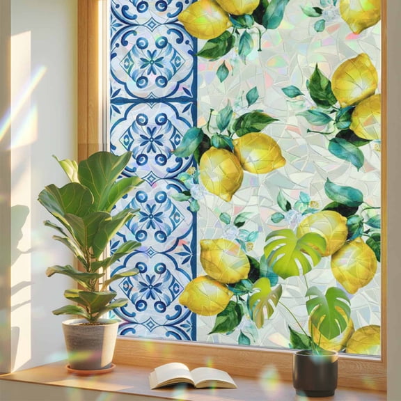 Yellow Lemons Window Privacy Film, Boho Watercolor Blue White Blue Mosaic Tiles Stained Glass Rainbow Film Decorative Window Clings, Static Cling Sun Blocking Stickers 23.6" x 59"