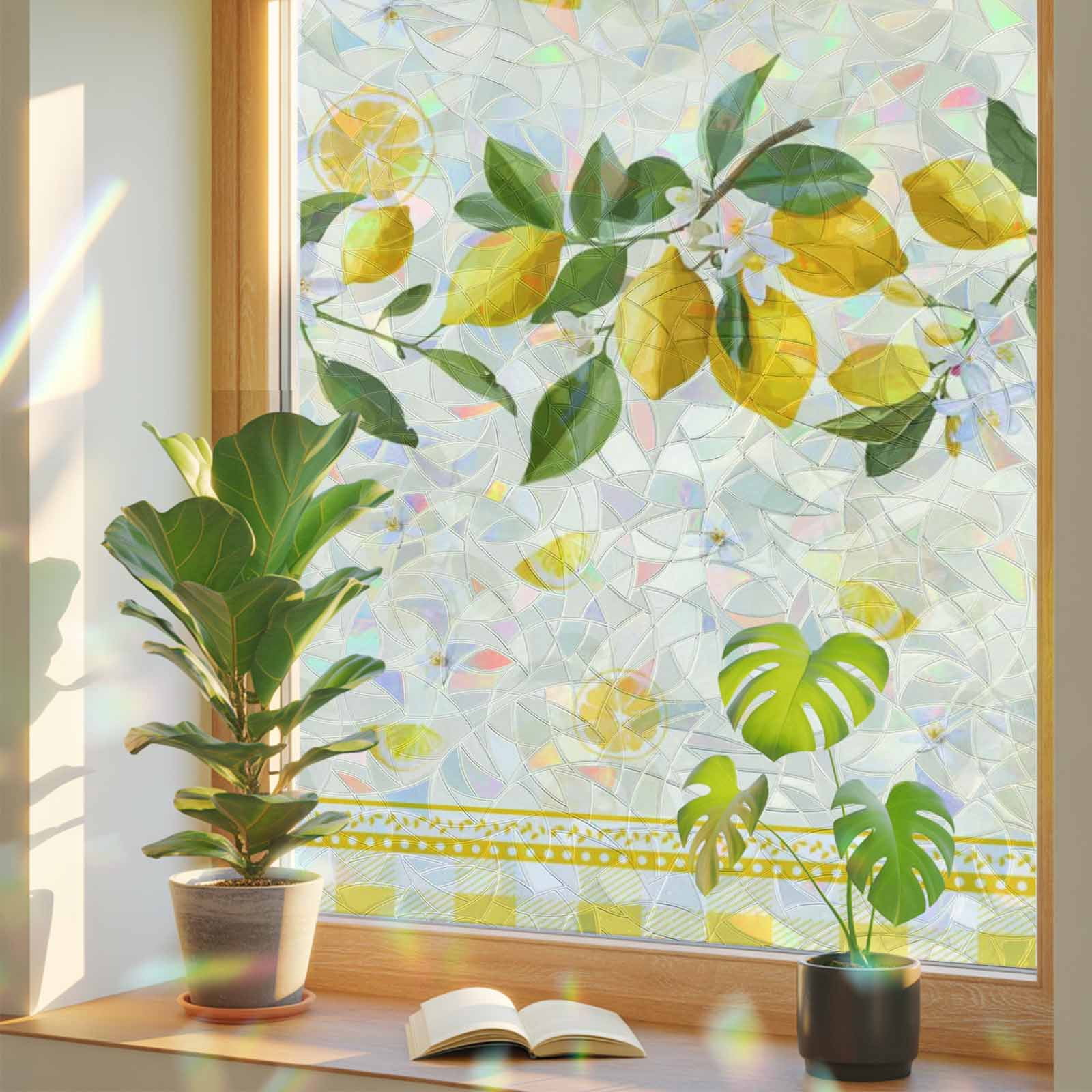 Yellow Lemons Window Privacy Film Rainbow Static Cling Stain Glass Window Film for Glass Door, Decorative Sunroof Decal Sticker for Car Bathroom 23.6"x59" Summer Botanical Checkered Farmhouse