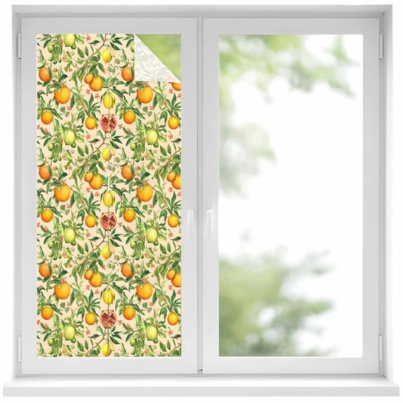 Yellow Lemons Window Privacy Film, Summer Botanical Watercolor Orange Static Cling UV Sun Blocking Heat Control Window Tint Day and Night, Non-Adhesive One Way Windows Privacy Cover 17.7''x39.3''