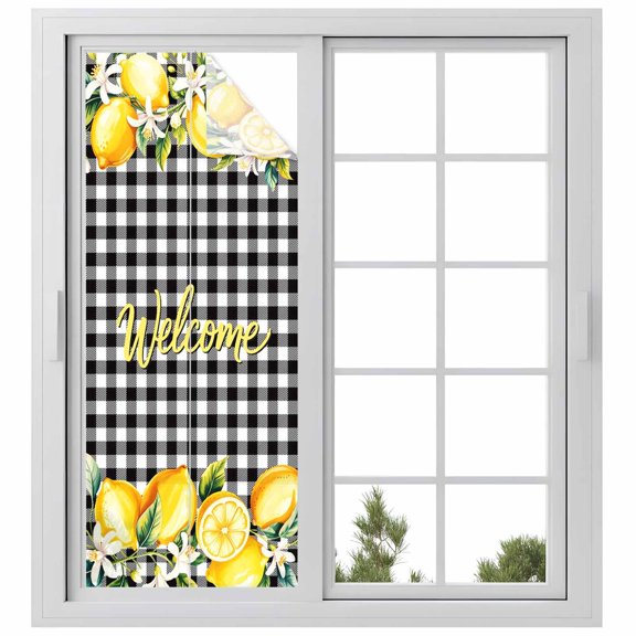 Yellow Lemons Window Privacy Film, Summer Fruits Leaves Botanical Buffalo Plaid Static Cling UV Sun Blocking Heat Control Window Tint Day and Night, Non-Adhesive One Way Privacy Cover 23.6''x59''