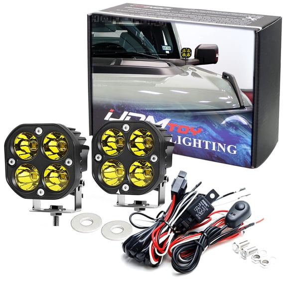 Yellow Lens 20W High Power LED A-Pillar Lighting Kit For 2021-up Ford Bronco, Including (2) Round 20W LED Pods, Side Mirror Mounted Hardware & Relay Wiring Harness w/Switch