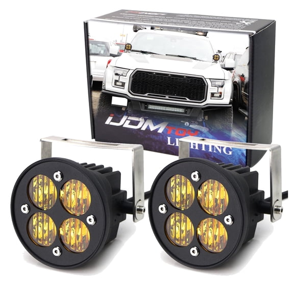 Yellow Lens 24W High Power LED Wide Angle SAE Flood Beam Fog Light Kit w/Universal Fit Mounting Brackets For Car Truck SUV ATV 4x4