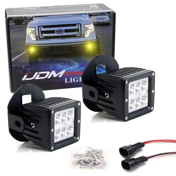 Yellow Lens LED Pod Light Fog Lamp Kit For 2006-2014 Ford F150, Includes (2) 24W High Power 2x3 CRE LED Cubes, Foglight Location Mounting Brackets & Wiring/Adapter Harnesses